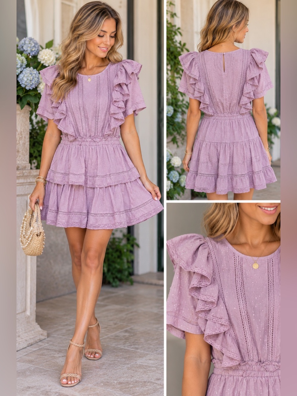 LoveShackFancy Natasha Dress Wisteria Purple Ruffle Lace Mini Dress Size Large